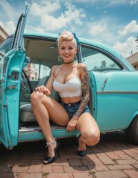 Smiling woman in red dress – custom pinup-style digital portrait from photo