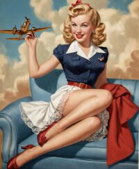 Elegant custom digital portrait of woman with plane in her hands – pinup retro style