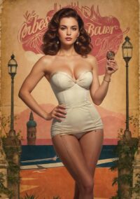 Custom pinup portrait of brunette woman holding Gadget – playful retro artwork