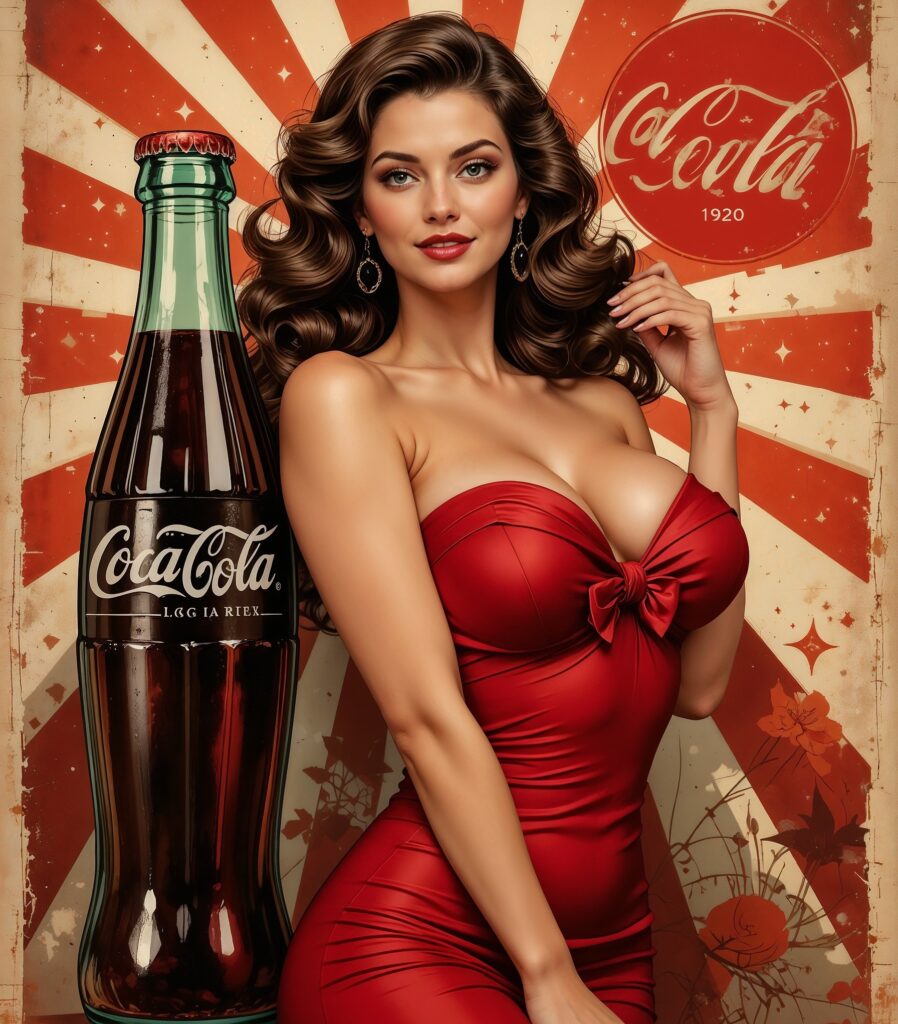 Custom pinup digital portrait of girl near cocacola -style retro illustration